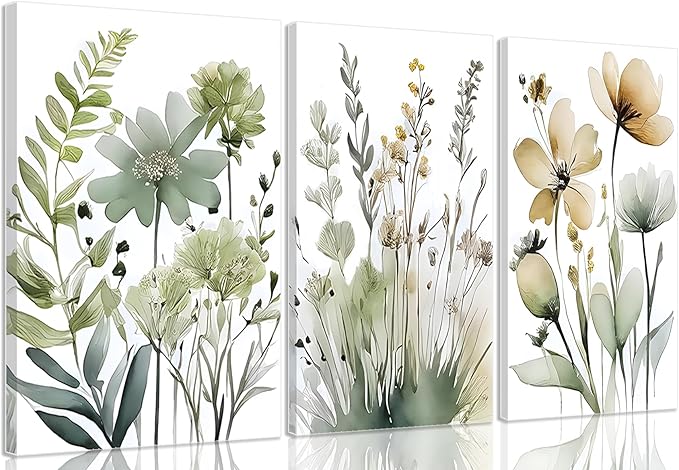 Framed Sage Green Botanical Wall Art Set of 3 Boho Floral Canvas Wall Decor Paintings Minimalist Flower Posters Prints Pictures for Bedroom Bathroom Living Room12x16 Inch