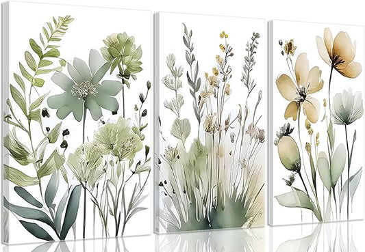 Framed Sage Green Botanical Wall Art Set of 3 Boho Floral Canvas Wall Decor Paintings Minimalist Flower Posters Prints Pictures for Bedroom Bathroom Living Room12x16 Inch