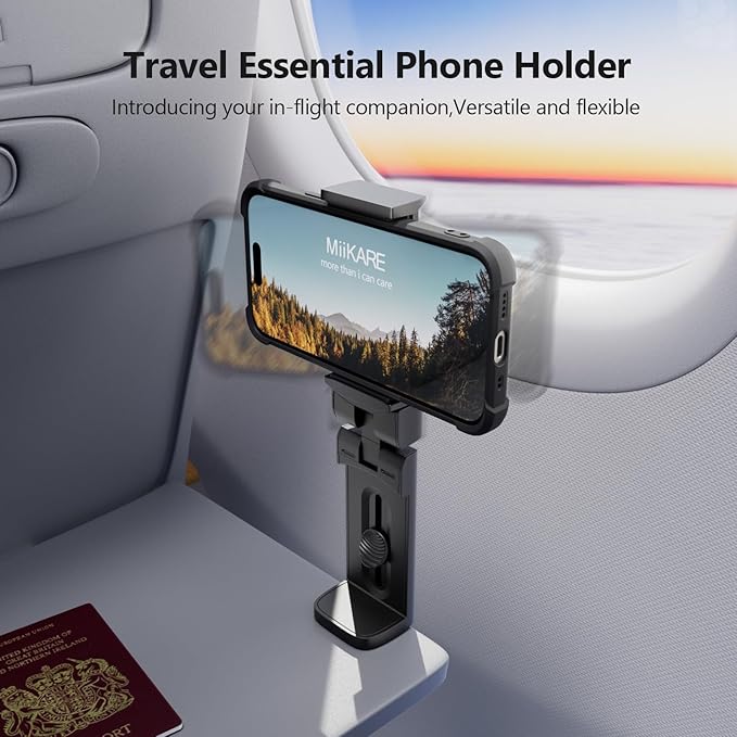 MiiKARE Travel Essentials Airplane Phone Holder, Universal Handsfree Phone Mount for Flying with 360 Degree Rotation, Travel Must Haves Phone Stand for Desk, Tray Table, Black&Black&Pink&Purple
