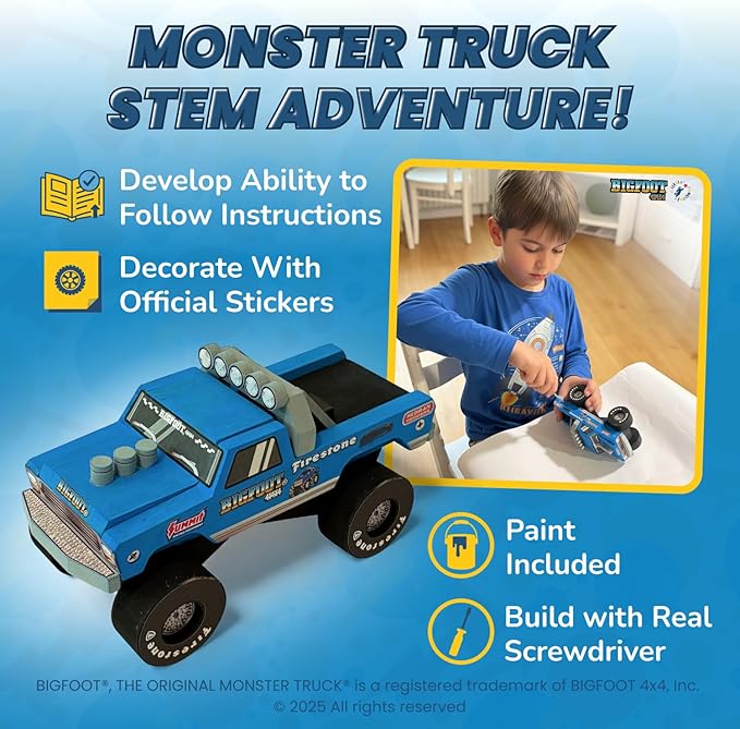 DIY Bigfoot 1 Monster Truck Wooden Kit w/Stickers & Paint (Large 7")- Officially Licensed Kids Building & Painting Kit - Wooden Painting & Building Kits for Kids - Ages 5-8 Years Stem & Paint Toys