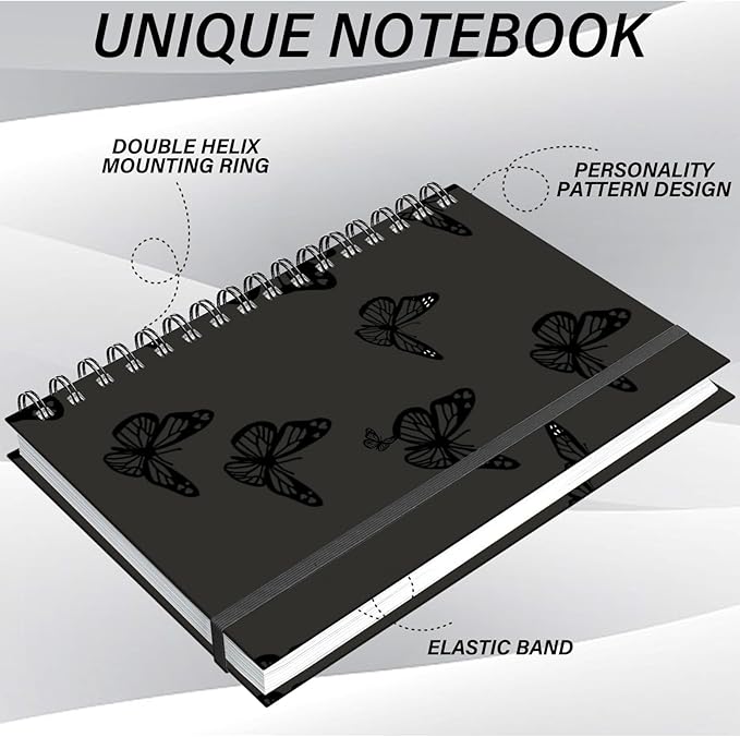 Spiral Notebook,Hardcover Journal Wide Ruled Spiral Notebook,A5 5.5 x 8.3 Inch,80GSM Thick Paper 60 Sheets 120 Pages for Girls Women School Office Aesthetic Cute-Gray Black Butterfly