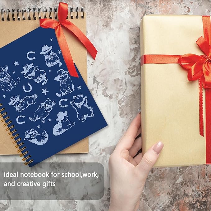 Blue Western Cat Spiral Notebook Journal, Cat Mom Lovers Owners Gifts for Women, Vintage Western Cowboy Kittens Aesthetic Notebooks Journals for Work School Note Taking, 5.5x8.3