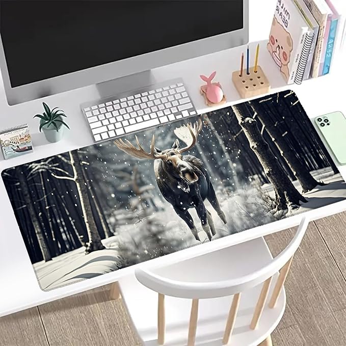 Winter Moose Gaming Mouse Pad, Office Desk Mat, Anti-Slip Rubber Base Cool Aesthetic Mouse Pads for Computer Laptop Keyboard School Home Desktop Gamer Home Accessories Decor 31.5" x 11.8"