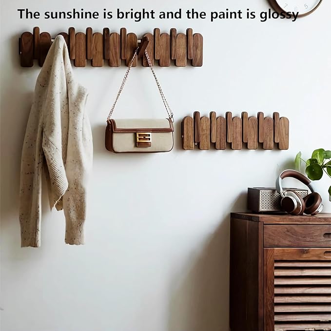Wall Mounted Coat RackHooks Piano Key Hangers Natural Solid Wood Hanger Non-Woven Fabric Clothes Hangers for Closet, Kitchen, Bedroom, Bathroom, Entryway (Moon-Beech, 12 Hooks)