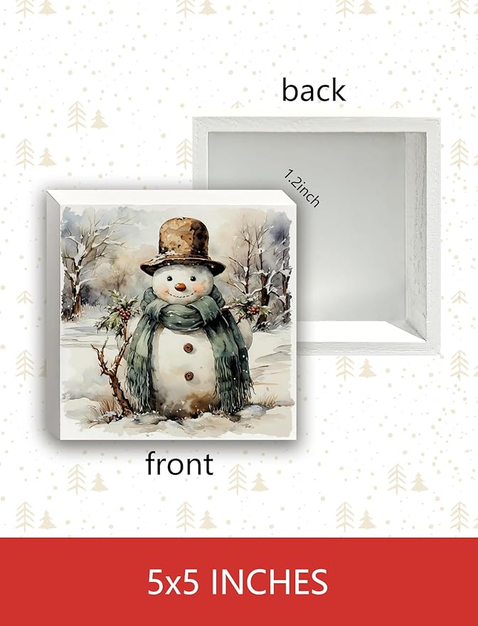 Vintage Snowman Winter Christmas Wooden Box Sign, Snowman Christmas Decorations, Rustic Xmas Winter Snowy Forest Wood Signs for Home Office Desk Shelf Tabletop Decor, 5x5 Inch Decorative Signage