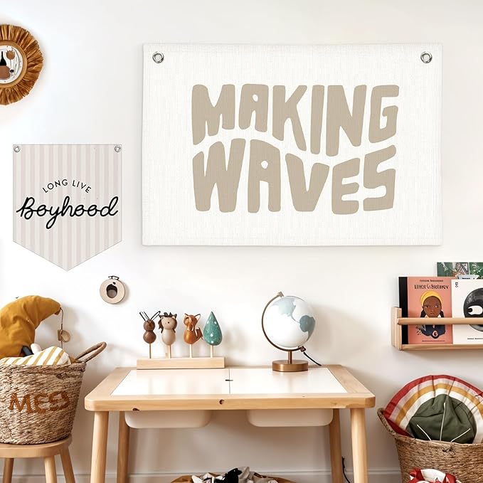 Lacama Coastal Nursery Boho Room Decor, Vintage Making Waves Canvas Banner Beach Kids Room Decor,Surf Nursery Decor Wall Hanging Banner Flag,30x20 Inch