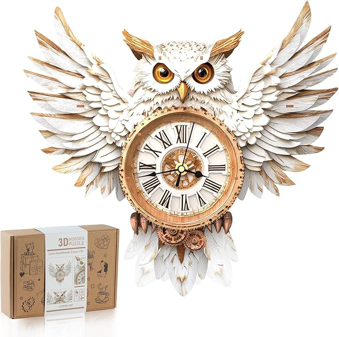 3D Wooden Puzzles for Adults,Snowy Owl DIY Clock Kit with Pendulum Idea,Beginner 3D Puzzles Model Kit Crafts - Hobbies Birthday Christmas Day Gift for Teens Adults