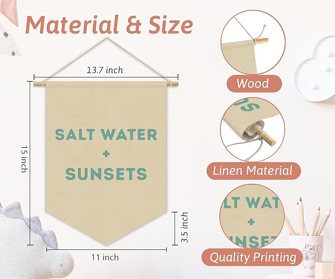 Ocean Nursery Decor, Salt Water Sunsets Beach Linen Canvas Banner, Neutral Coastal Nautical Nursery Wall Hanging Pennant Flag Banner for Kids Toddler Room Bedroom Playroom Decor, 15x11in