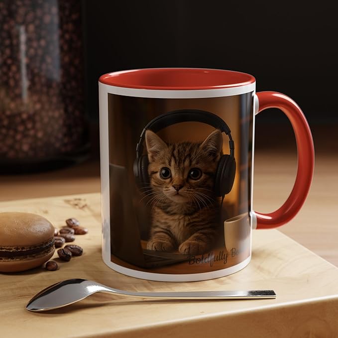 Adorable Cat Coffee Mug, Cute Kitten with Earphones, Pet Lover Gift, Tea Cup, Animal Lover Mug, Coffee Cup