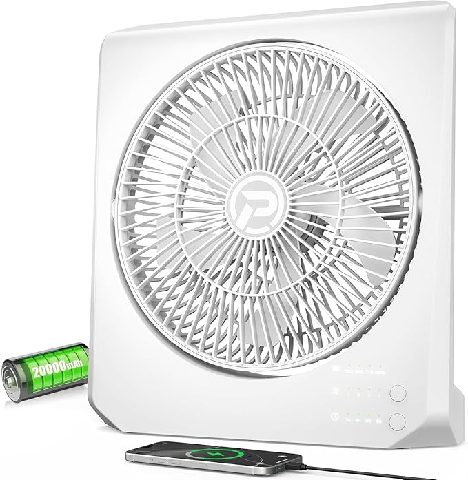 PANERGY 20000mAh Rechargeable Battery Powered Fan - 10" Square Box Fan with 55H Runtime, 4 Speeds & Timer, 270° Pivot, Cordless & Portable for Home, Patio, Camping, Travel, Power Outages (No Remote)