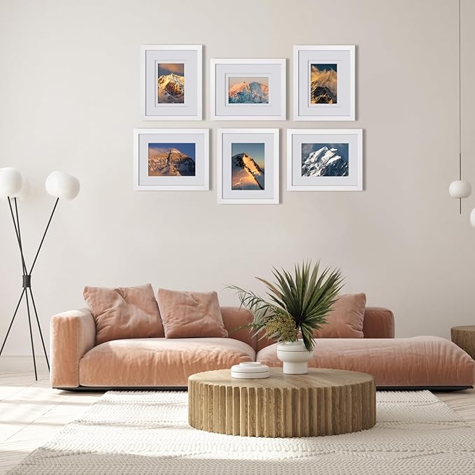 Egofine 8x10 Picture Frames Set of 6, Made of Solid Wood Covered by Plexiglass Display 4x6 and 5x7 with Mat or 8x10' without Mat, for Table Top Display and Wall Mounting Photo Frame White
