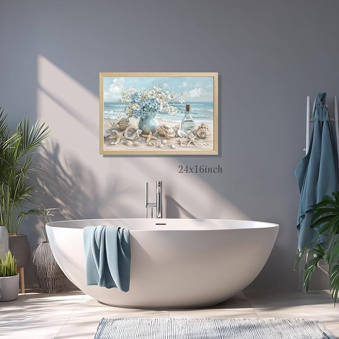 LLEEMPI Coastal Beach Wall Art, Seashell Starfish Ocean Wall Decor, Shell Floral Sea Canvas Print, Blue Sky White Cloud Landscape Poster Print for Bathroom Bedroom Office Wood Framed 16x24 Inch