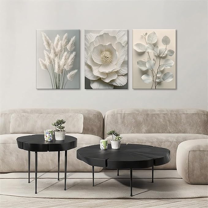 TUEASKY 3 Piece Canvas Wall Art Beige Wall Decor Flower Pictures Floral Art Prints Neutral Botanical Paintings Minimalist Artwork For Bedroom Living Room Office