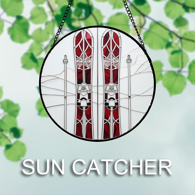 Stained Glass Window Hanging 4 Pcs Set Winter Skiing Red Christmas House Large 15" - Suncatcher Door Garden Sun Catcher Decor Birthday Mother's Day for Mom Woman Nana Friend