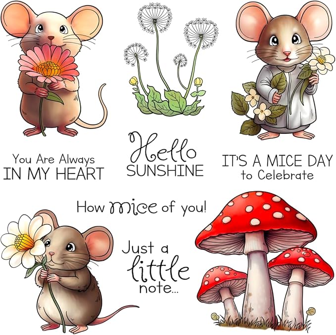 Flower Mouse Mushroom Stamps and Cutting Dies for Card Making DIY Transparent Silicone Clear Stamp and Metal Die Cuts Sets for Scrapbooking Paper Greeting Cards Decor Seals Craft Supplies