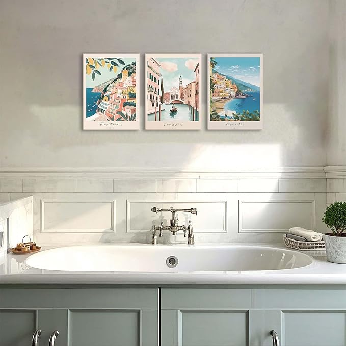 XLARTMY Italy Amalfi Coast Travel Posters Wall Art Framed Canvas Decor City Landscape Blue Venice Coast Painting Beach Modern Artwork for Living Room Bedroom Bathroom Office Set of 3 12x16in