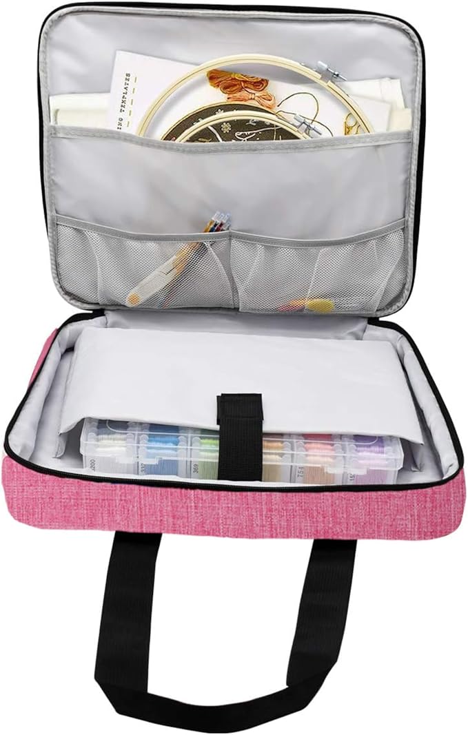 ATTERET Full Range Embroidery and Cross Stitch Starter Kit with Premium Storage Organizer Bag, Includes 99 DMC Coded Cotton Threads, 9 Metallic Floss, 3 Hoops, Needles, Scissors + More (Pink)