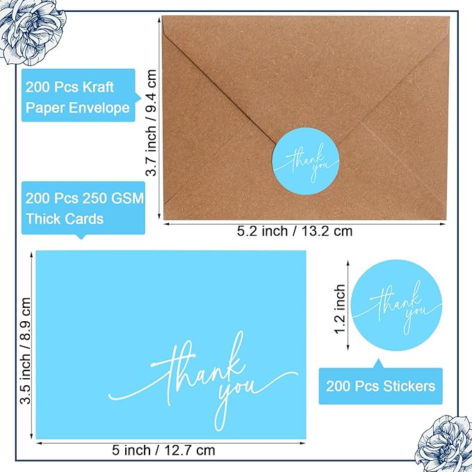 Gueevin 200 Pcs Thank You Cards with Kraft Envelopes and Stickers Bulk, 3.5 x 5 Inch Classy Blank Thank You Notes for Wedding, Business, Graduation, Baby Shower, Bridal Shower, Funeral (Light Blue)