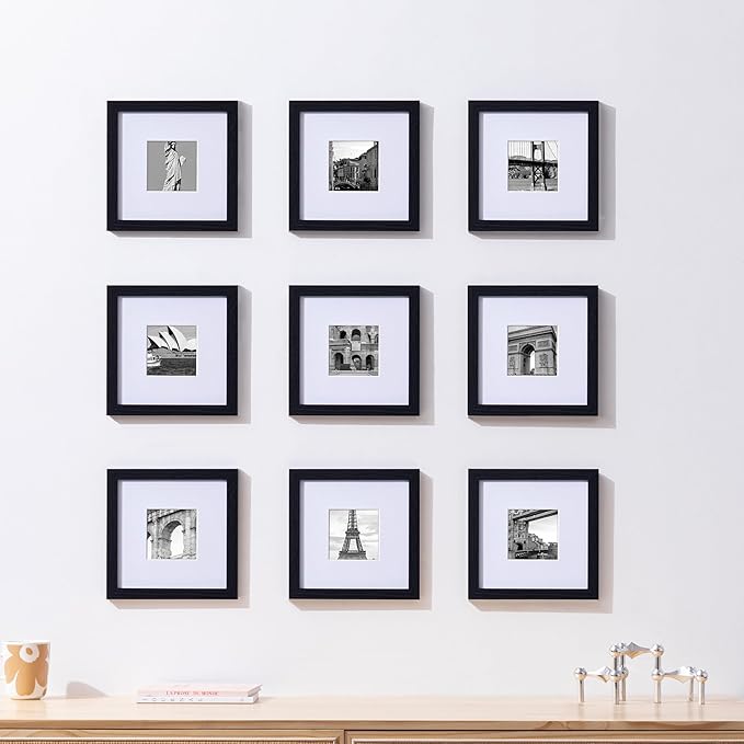 eletecpro 8x8 Picture Frames Set of 9 with Mat for 4x4 Photos or without Mat for 8x8, Square Gallery Wall Decor Collage for Picture Display, Black Frame Set for Wall Hanging