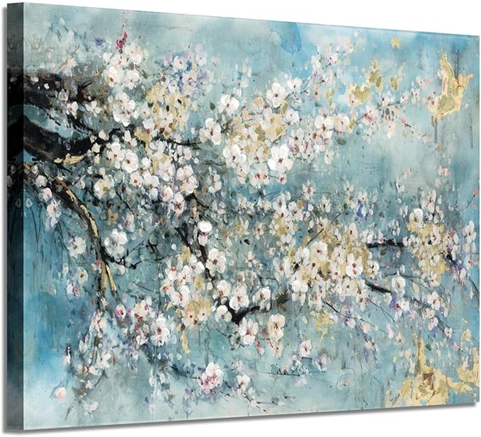 ARTISTIC PATH Abstract Canvas Painting Flower Picture: Teal Floral Golden Foil Wall Art on Canvas for Office (36''W x 24''H,Multi-Sized)