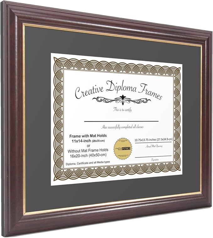 Creative Picture Frames 8x14 Mahogany Gold Rim Diploma Frame with Black Mat Glass Easel and Installed Wall Hangers | Frame Holds 12x16 Media without Mat