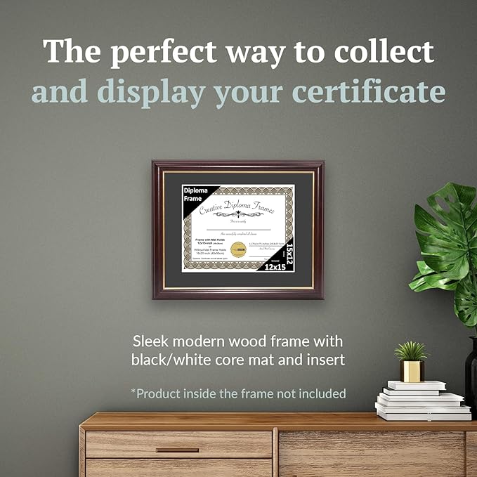Creative Picture Frames 12x15 Mahogany Gold Rim Diploma Frame with Black Mat Glass and Installed Wall Hangers | Frame Holds 16x20 Media without Mat