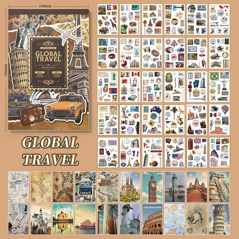 Prstincol Vintage Aesthetic Washi Stickers and Papers for Scrapbooking, 50 Sheets Ephemera Book for Art Journaling with Retro Global Travel Theme Stickers and Decoupage Papers for Junk Journal - Image 6