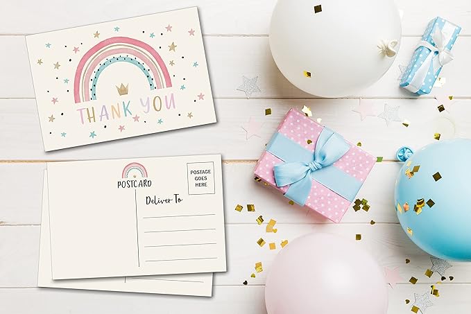 Birthday Thank You Postcards, Watercolor Rainbow Thank You Cards for Kids Girls Boys Birthday Party, Baby Shower Party, Set of 20 (A02)