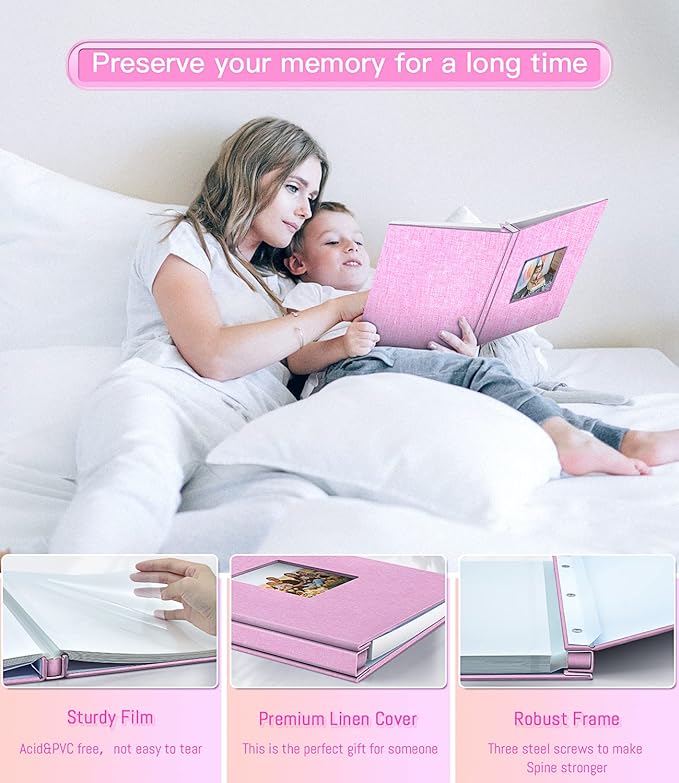 popotop Photo Album Self Adhesive with Picture Display Window,60 Pages DIY Scrapbooking Supplies Kit for 4x6 10x12 Picture,Linen Cover Memory Book for Baby Wedding, with Scraper and Metallic Pen