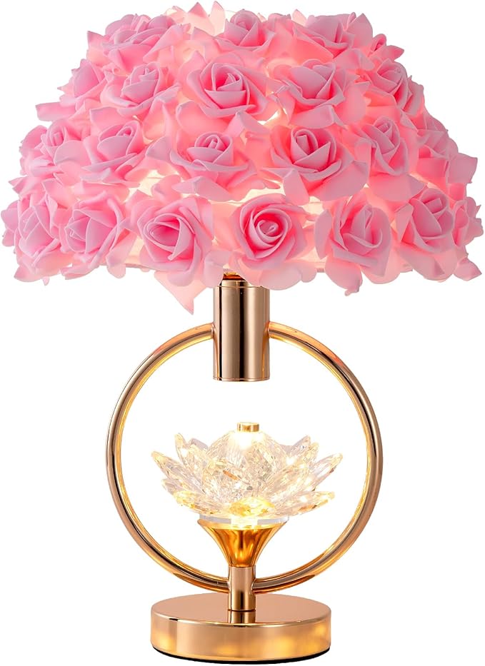 Modern Pink Rose Table Lamp with Crystal 17IN Romantic Flower Bedside Lamp Princess Nightstand Lamp Creative Desk Light for Girl Bedroom Living Room Entry Hotel Wedding Christmas Gift