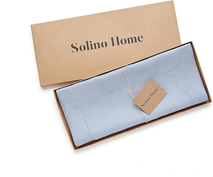 Solino Home Linen Sky Blue Table Runner 156 Inches Long - 100% Pure Linen Extra Long Table Runner 14 x 156 Inch for Spring, Easter - Classic Hemstitch