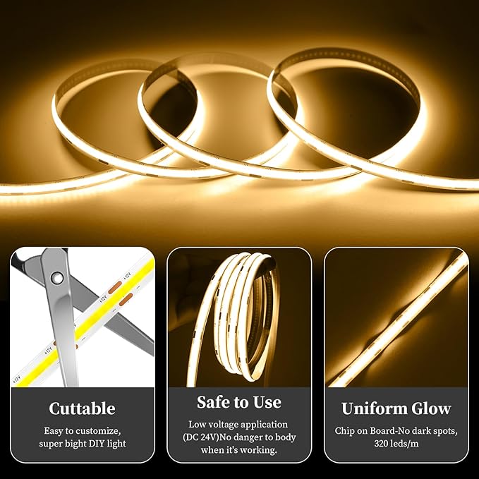 iNextStation 32.8ft/10M Warm White COB LED Strip Light, CRI 93+ Light Strip, 3000K Color Temperature COB LED Lights, 8mm Width LED Tape Lights, Dimmable COB Strip Light for TV Backlight(No Plug)