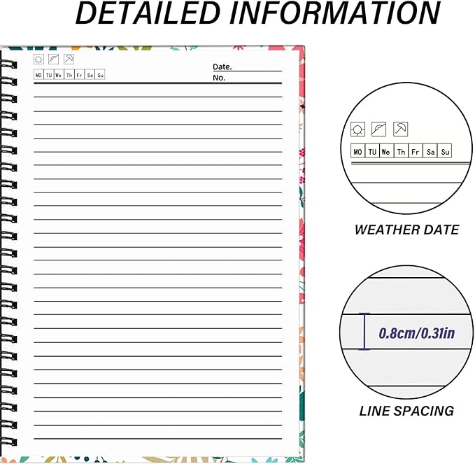 Spiral Notebook,Hardcover Journal Wide Ruled Spiral Notebook,A5 5.5 x 8.3 Inch,80GSM Thick Paper 60 Sheets 120 Pages for Girls Women School Office Aesthetic Cute-Flower