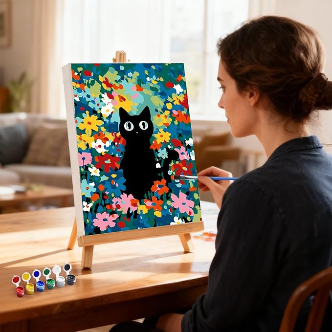 MXJSUA Black Cat Framed Paint by Numbers for Adults Beginners, Easy Adults' Paint-by-Number Kits on Canvas with Easel, Animal Acrylic Number Painting Crafts Kits Gifts for Home Decor, 8x12inch