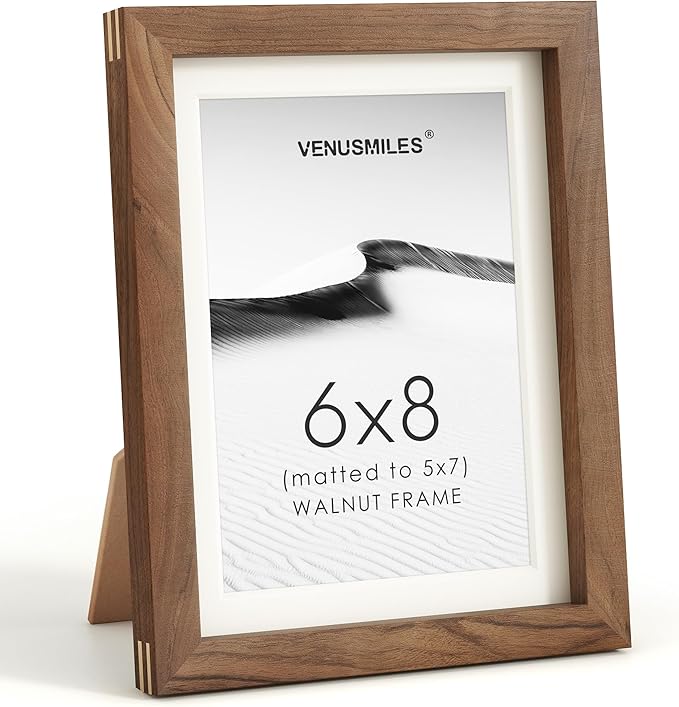 6x8 Picture Frame, USA-Sourced Natural Walnut Wood Photo Collage Frame with HD Tempered Glass, Modern Simple 6 x 8 Wooden Frame Matted to 5x7, Gallery Wall Frames for Art, Wall or Tabletop Display