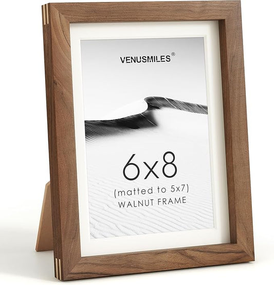 6x8 Picture Frame, USA-Sourced Natural Walnut Wood Photo Collage Frame with HD Tempered Glass, Modern Simple 6 x 8 Wooden Frame Matted to 5x7, Gallery Wall Frames for Art, Wall or Tabletop Display