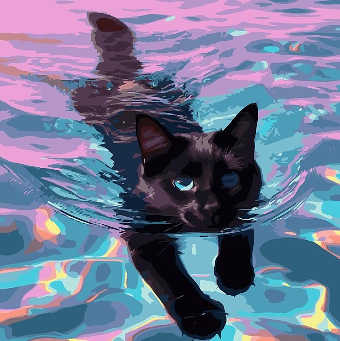 CSZPPQAF Paint by Numbers Kit for Adults Beginner, Black Cat Swimming Paint by Number Kits on Canvas, DIY Easy Acrylic Watercolor Oil Painting by Numbers for Home Wall Decor 16X16inch