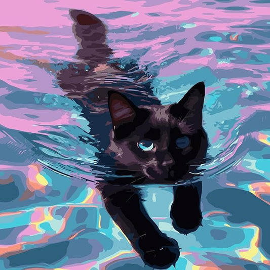 CSZPPQAF Paint by Numbers Kit for Adults Beginner, Black Cat Swimming Paint by Number Kits on Canvas, DIY Easy Acrylic Watercolor Oil Painting by Numbers for Home Wall Decor 16X16inch