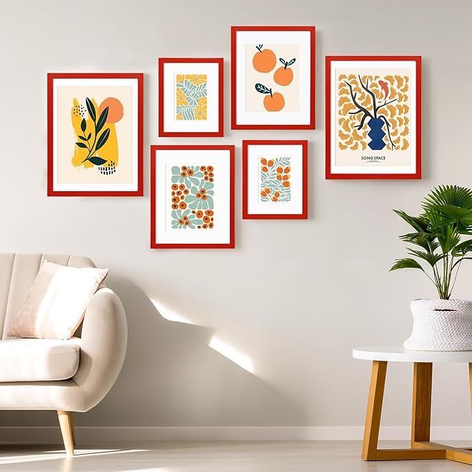 KINLINK 5x7 Picture Frame Red, Solid Wood Frames with Acrylic Plexiglass for 3.5x5/4x6 with Mat or 5x7 without Mat, Tabletop and Wall Display Photo Frame Set of 4