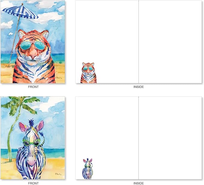 The Best Card Company - 20 Assorted Bulk Wildlife Whimsical Greeting Cards Boxed Set (4 x 5.12 Inch) Wildlife Variety Notecards for Kid (10 Designs, 2 Each) - Animal's Day Off AM6670OCB-B2x10