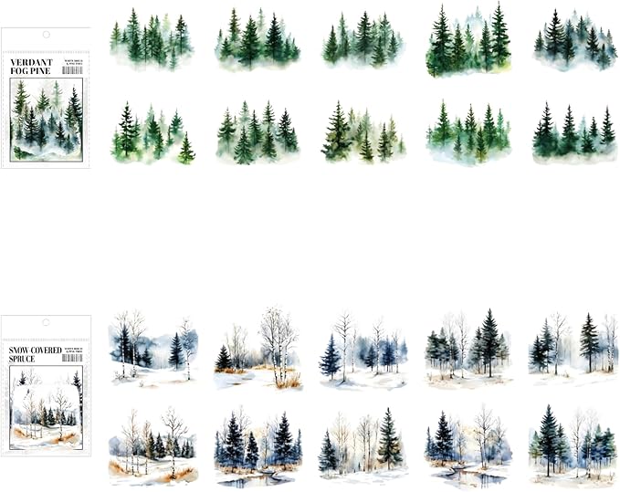 120 Pieces Botanical Tree-Themed PET Sticker, Christmas Tree Pine Tree Forest Scenery Stickers for Scrapbooking, Journaling, Creative Journal Supplies, and DIY Crafts