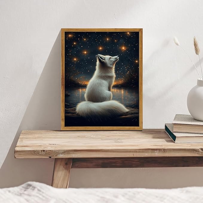 Djmwtb White Fox Framed Wall Art Starry Night Canvas Wall Art Nature Landscape Art Prints Woodland Animal Pictures Painting Wall Decor Artwork for Living Room 8x10in