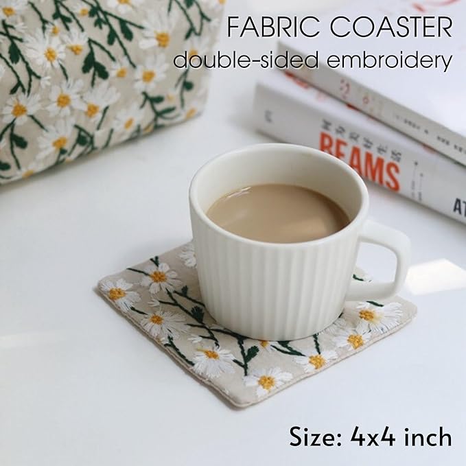Embroidered Floral Cloth Coasters 4 Inch, Decorations for Kitchen Table, 100% Cotton Fabric Absorbent Coaster