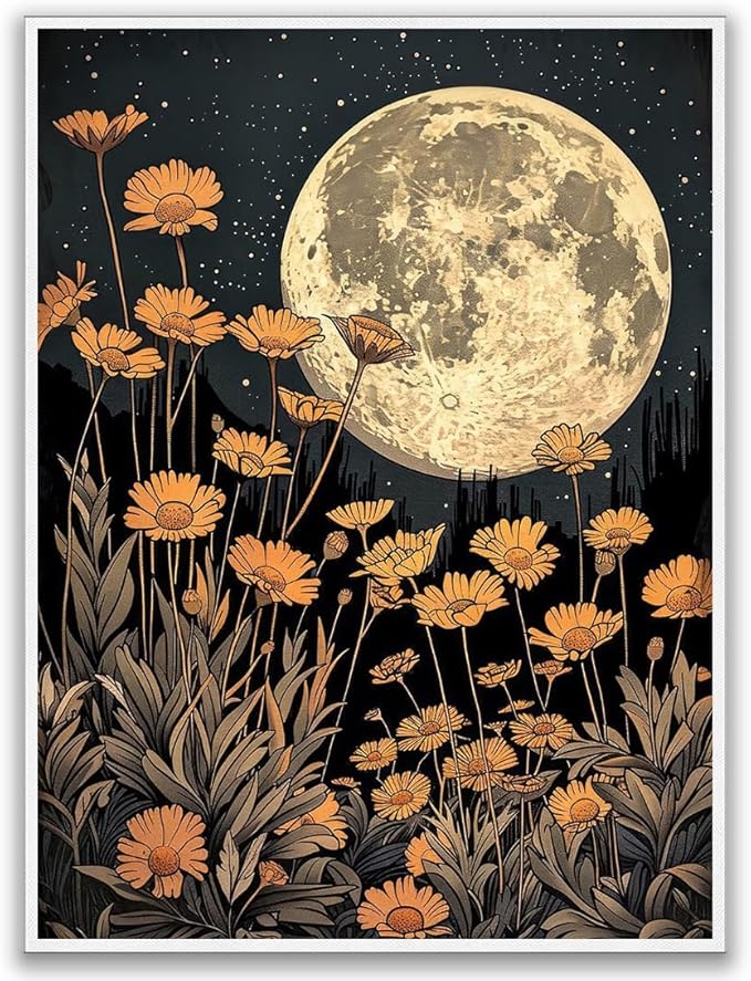 Dark Moody Moon And Flowers William Morris Art Print, Dark Cottagecore Celestial Wall Art, Etheral Moonlight Academia Decor, Gothic Art for Office Bedroom Living Room 8x12in Unframed poster