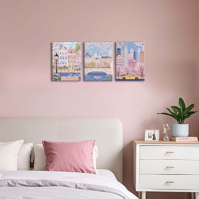 XLARTMY Watercolor City Landscape Travel Wall Art Canvas Framed Pink Cherry Flower Poster Girly Prints Painting Pictures Set of 3 for Bedroom Living Room Office 12x16in