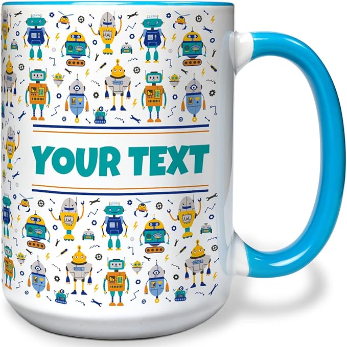 Personalized Mug for Kids - Robots - Custom Name/Text, Ceramic Hot Chocolate/Cocoa/Coffee Cup for Boys, Birthday/Christmas/Holiday Gift - 15 oz, Black Handle