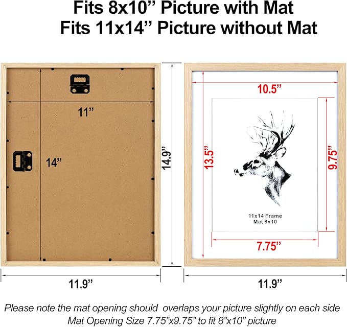 Yaetm 11x14 Wood Picture Frame with Mat for 8x10 Set of 4, Natural Solid Oak Wood 11x14 Frame with Tempered Glass for Horizontal and Vertical Wall Mounting (4 pack, Oak)