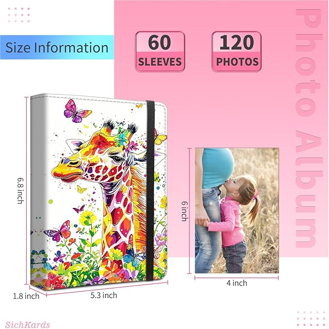 Photo Album 4x6-120 Photos Capacity,PU Leather Cover with Elastic Band,High Definition Waterproof PP Pages for Family Wedding Anniversary Baby Record,Colorful Giraffe