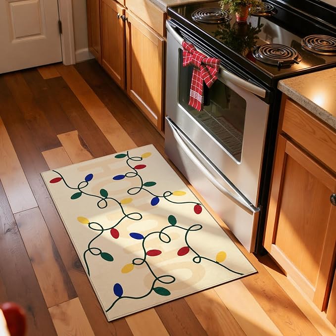 jinchan Jingle Lights Christmas Rug 2x3 for Entryway Kitchen Small Beige Holiday Rug for Porch Bathroom Colored String Lights Winter Xmas Soft Festive Decor Washable Doormat for Bedroom Non Slip