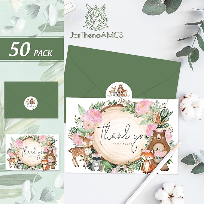 JarThenaAMCS 50 Pack Woodland Thank You Cards Boxed Pink Floral Forest Animal Greeting Cards With Envelopes Stickers Blank Note Cards for Baby Shower Birthday, 4 x 6 Inch
